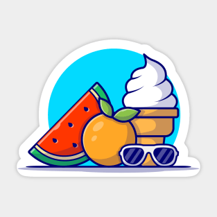Watermelon, Orange, Ice Cream And Glasses Cartoon Vector Icon Illustration Sticker